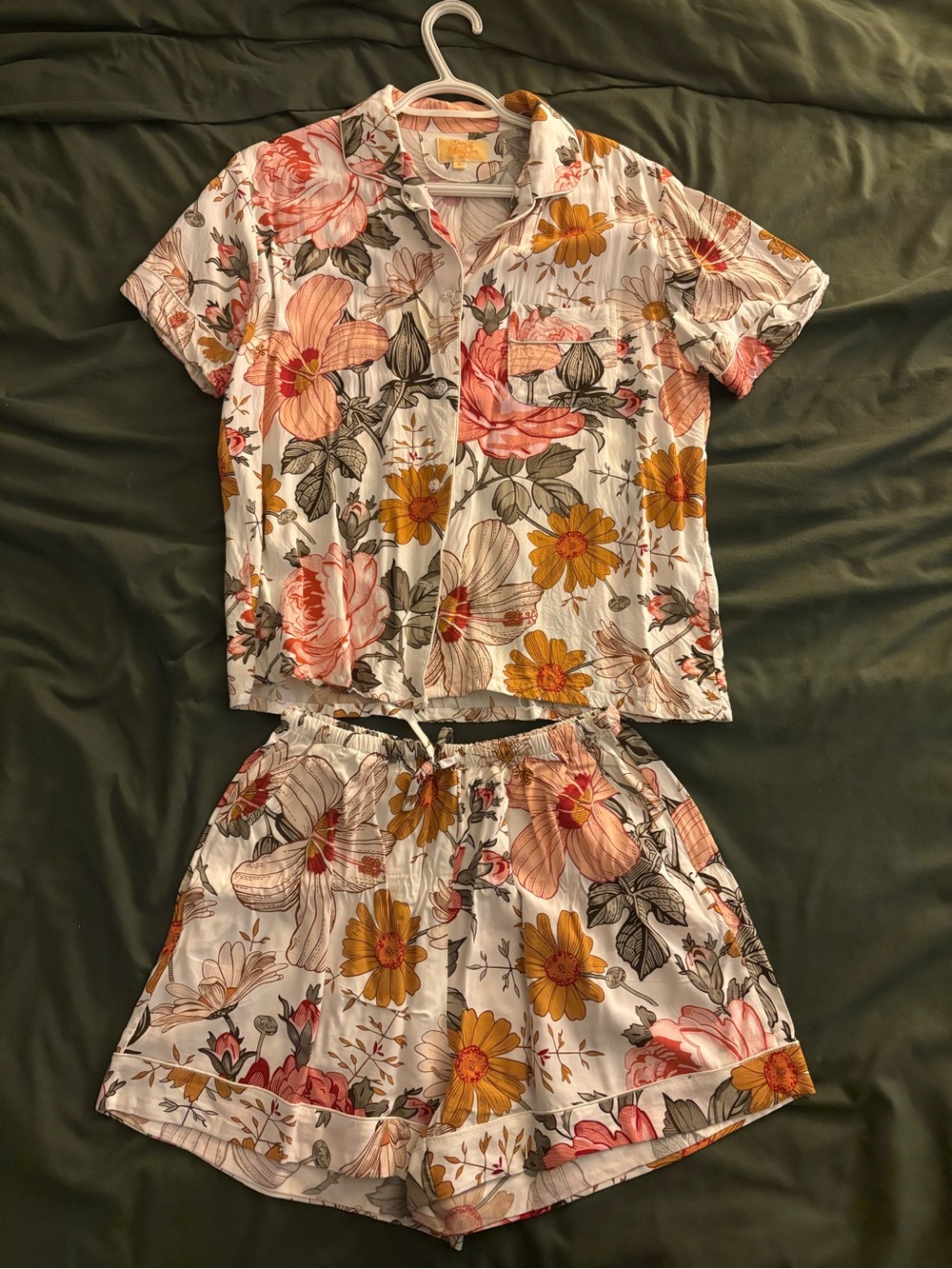 Women's Floral Short Pajama Set in White with Pink & Mustard Blooms